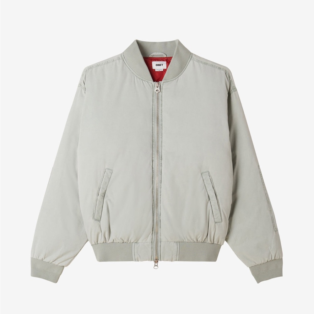 Obey Light Gray Bomber Jacket with Ribbed Collar and Cuffs